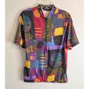 Vtg Performance Retro Geometric Cycling Short Sleeve Shirt Back Pockets Size XL